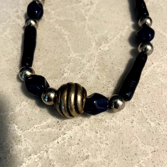 vintage cobalt blue and silver beaded necklace screw on back statement piece - Picture 3 of 12